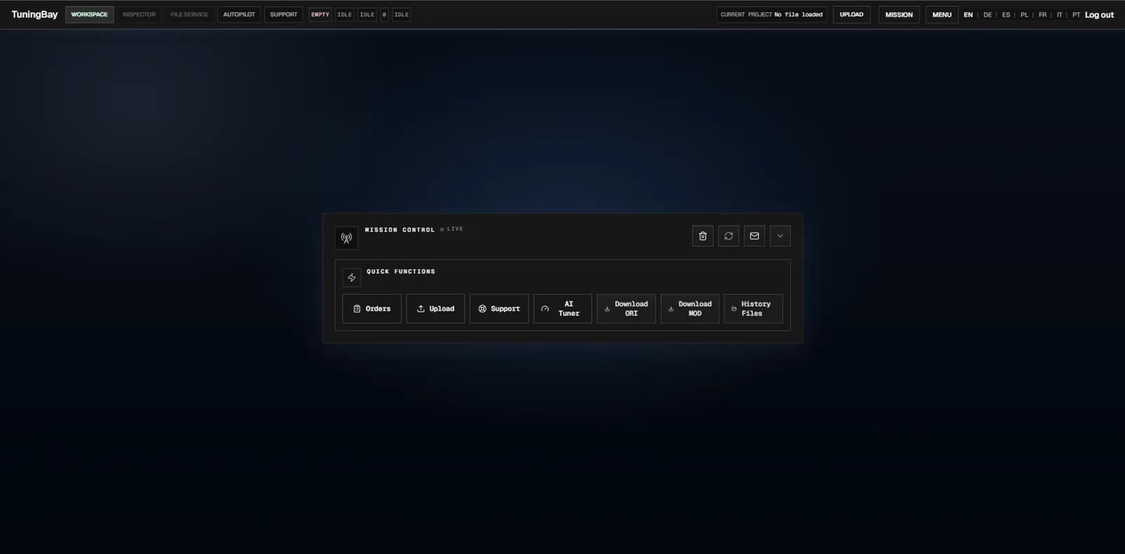 TuningBay Mission Control — live workspace and quick actions